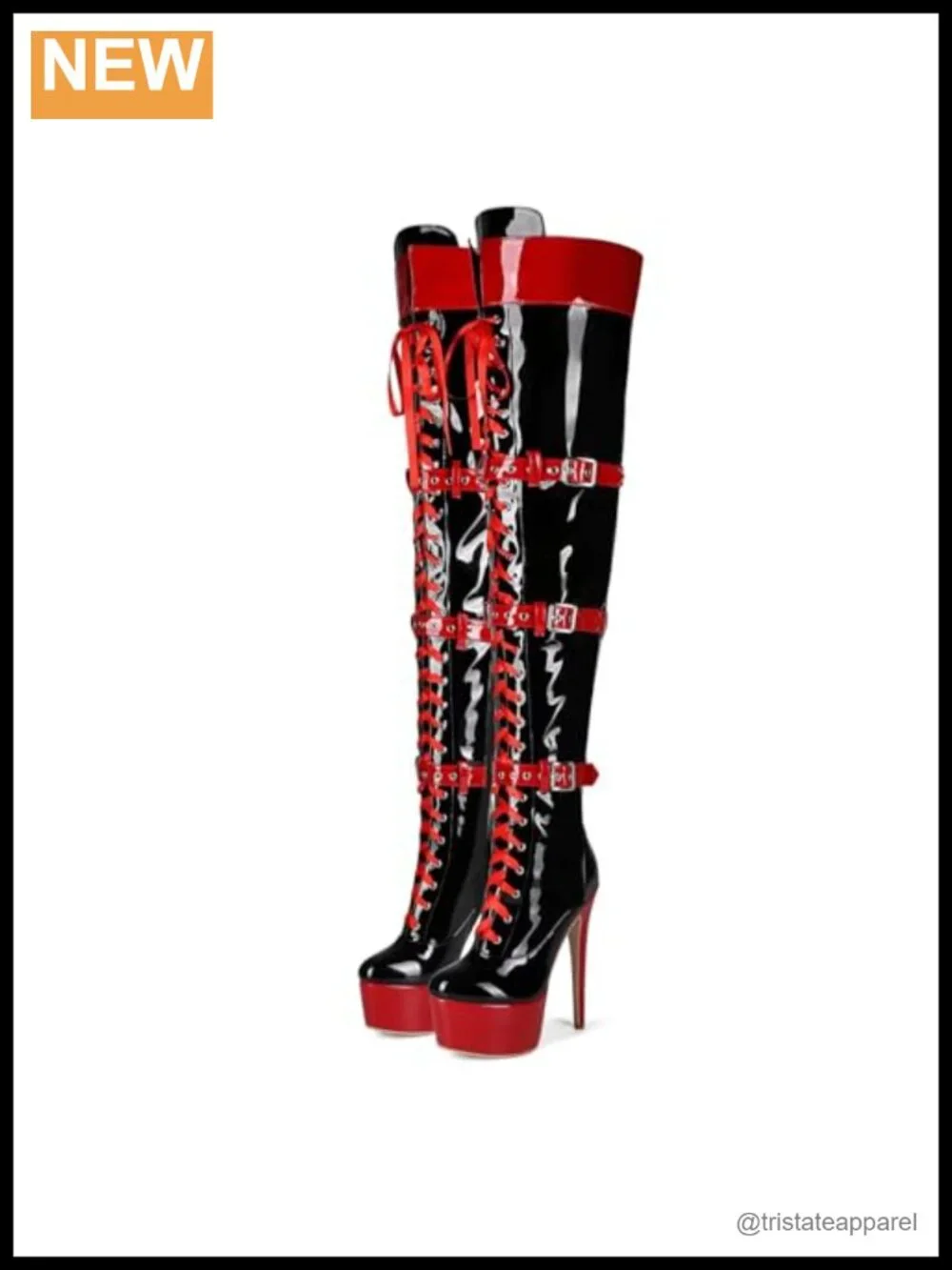 Over the Knee Stiletto Platform Boots with Patent Leather Adjustable Belt Zip